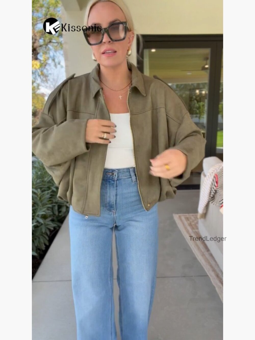 Faux Suede Bomber Jacket Oversized Batwing Long Sleeve Zip Up Cropped Coat - Picture 7 of 7
